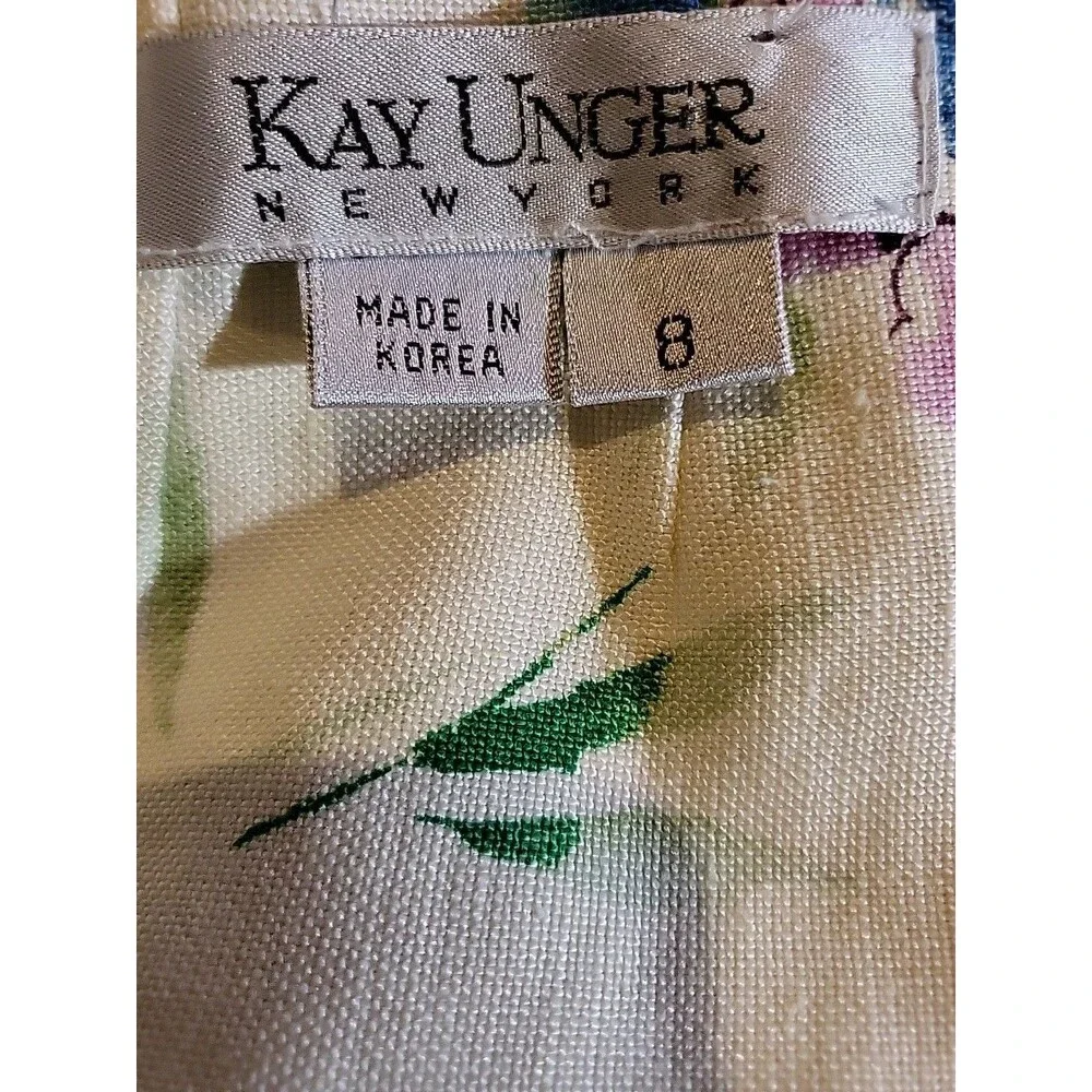 Vintage Kay Unger Dress Size 8 Linen Floral Motif Beaded Sleeveless Sheath - Picture 8 of 9
